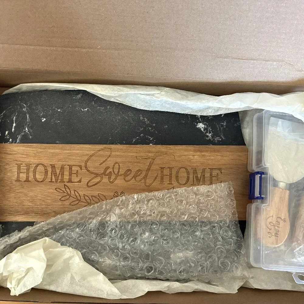 charcuterie board acacia and slate w/ 4 metal cheese knives & 2 coasters